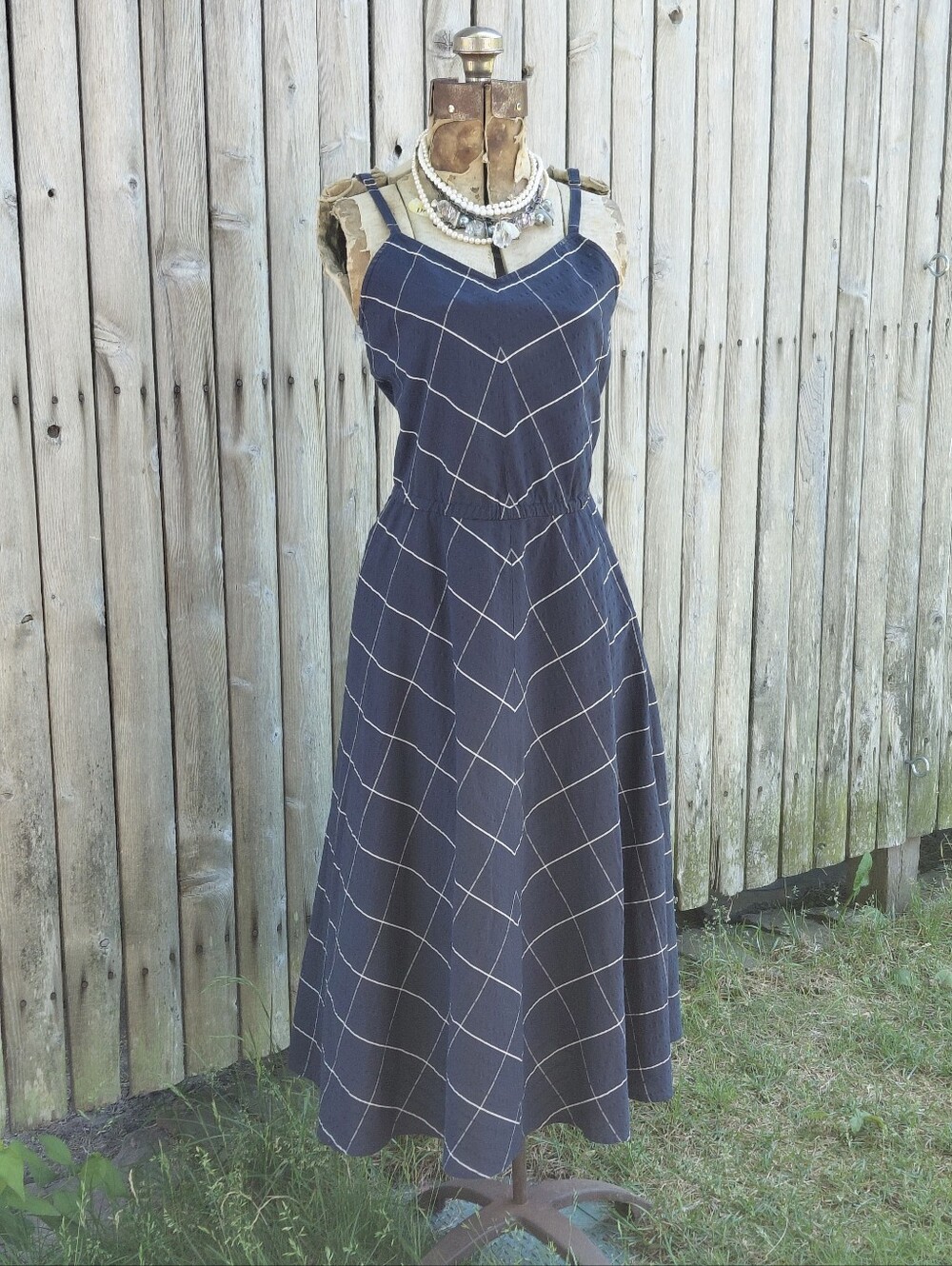 LL Bean navy blue & white check plaid summer dress Womens 4